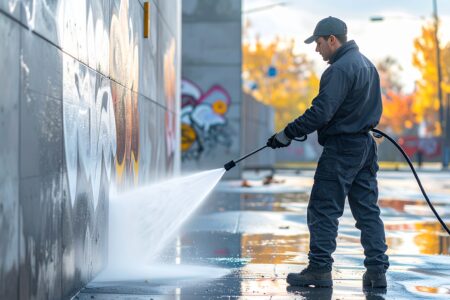 Arbeiter entfernt mit Hochdruckreiniger Graffiti von einer Betonwand, saubere und professionelle Oberflächenreinigung.