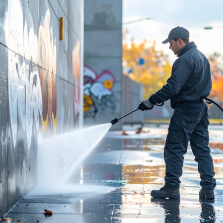 Arbeiter entfernt mit Hochdruckreiniger Graffiti von einer Betonwand, saubere und professionelle Oberflächenreinigung.